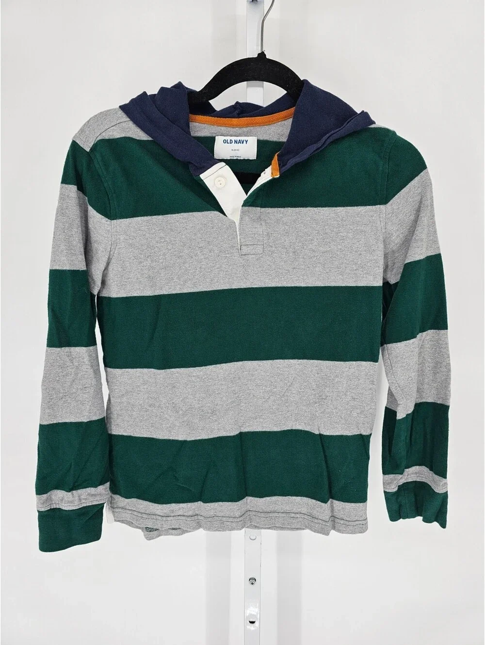 Old Navy Boys Sz XL Long Sleeve Hooded T Shirt Green Gray Striped